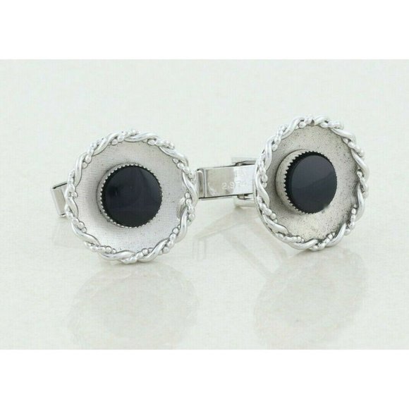 Mens Sterling Silver Onyx Whale Back Cufflinks - Picture 1 of 6